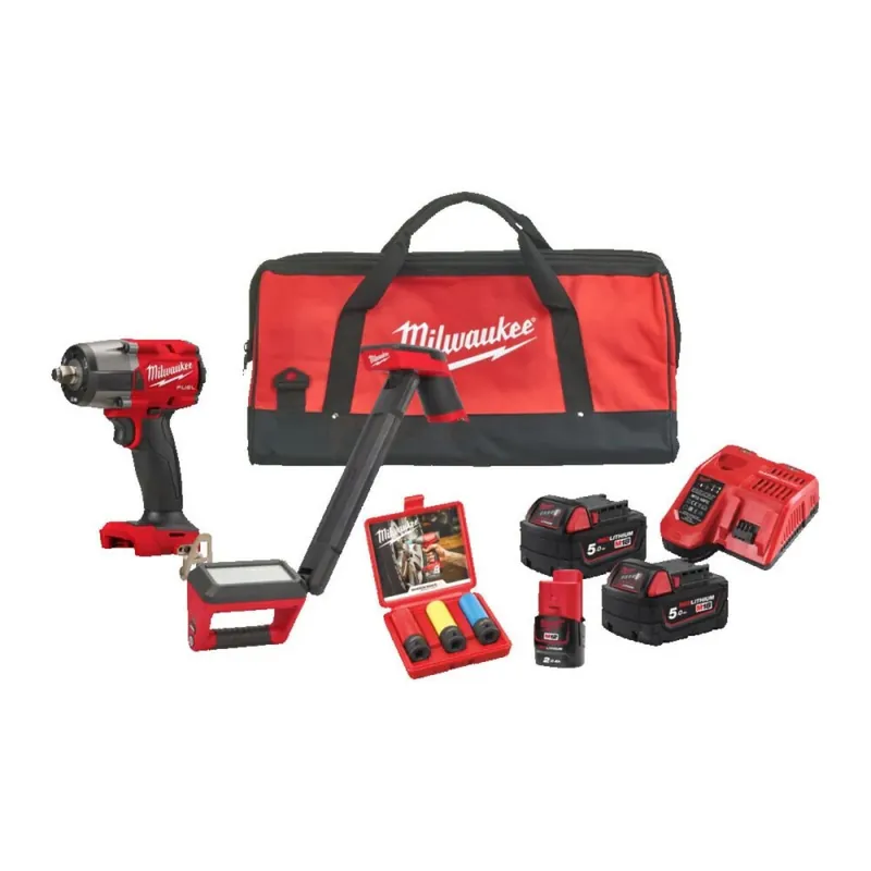 Seizoensaanbieding Milwaukee M18 FUEL FPP2BH-523B Powerpack 1/2" Slagmoersleutel + Lamp in Tas