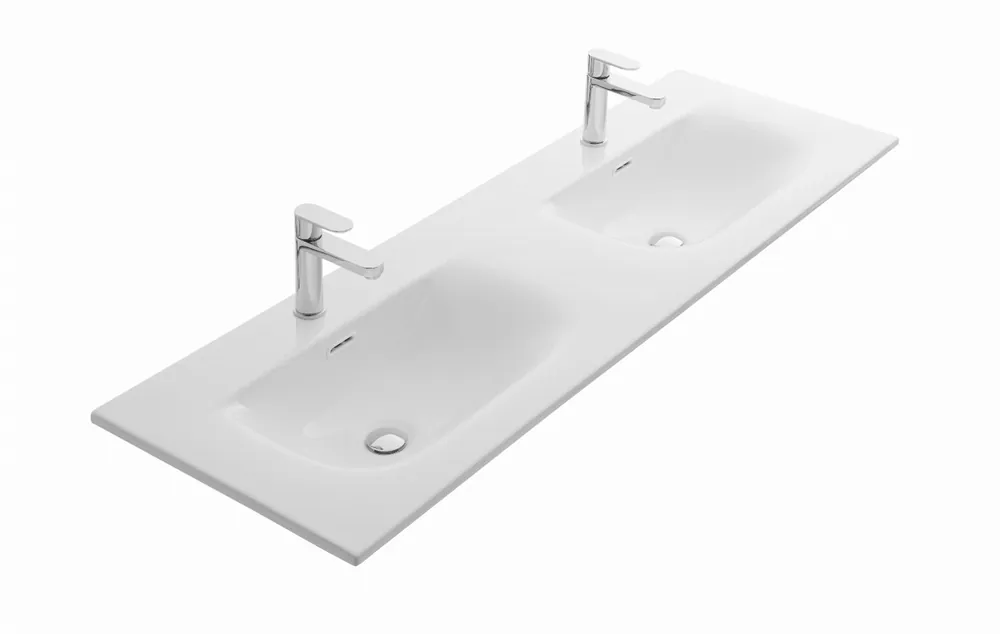Favoriet Blue Label Mette wastafel, keramiek, model Soft, 2x kom, 2x kr gat 140cm wit glans 140x46x1,8 (bxdxh)