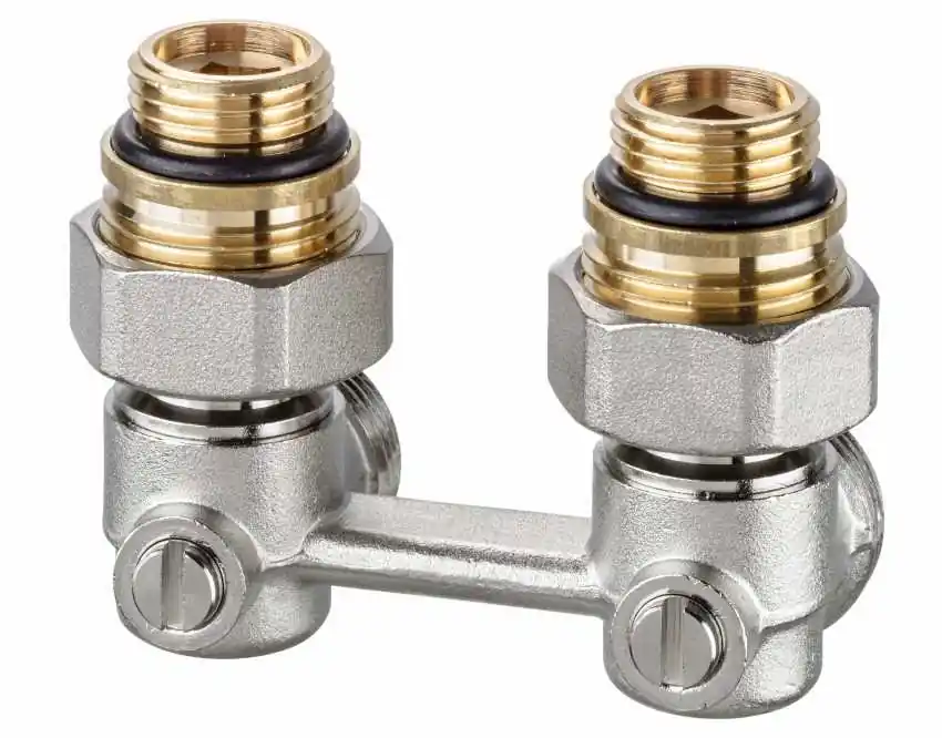 Shop Nu Heimeier H-onderblok, haaks, messing, vernikkeld, 1/2" binnendraad, 3/4" Euroconus, tweepijp, hartafstand 50mm, lengte 37mm