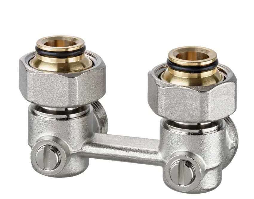 Premium Heimeier H-onderblok, haaks, messing, vernikkeld, 3/4" Euroconus, 3/4" Euroconus, tweepijp, hartafstand 50mm, lengte 25mm