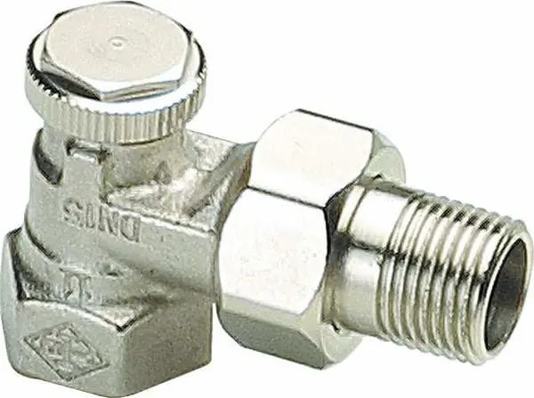 Betrouwbaar Heimeier voetventiel, brons, 3/4" (20), haaks, staartstuk/binnendraad, vernikkeld, bediening binnenzeskant