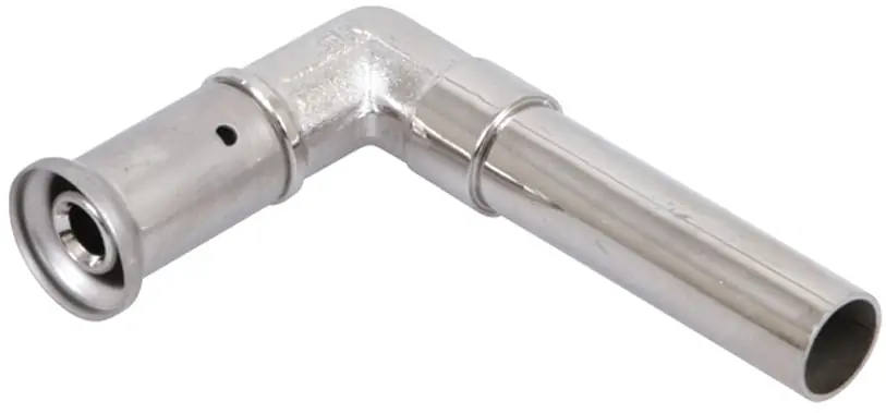 Beperkte Voorraad Henco knie koppeling 90gr, aansluitknie 16 x 15mm CU vernikkeld. L = 200mm (pers x buis)
