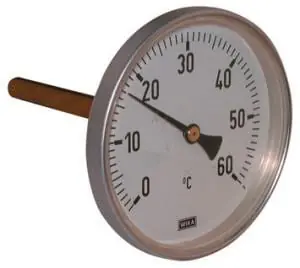 Thermrad thermometer. Kastdiameter 63mm. Maat 1/2", met dompelbuis, Meetbereik 0 - 60°C, aansluiting Axiaal (achter) Merkproduct