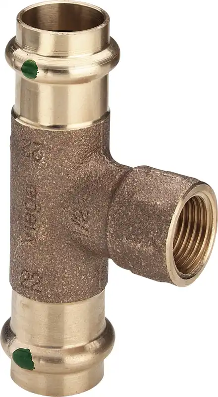 Viega Sanpress T-stuk, 15mm x 1/2" x 15mm brons (pers x binnendraad x pers) Gecertificeerd