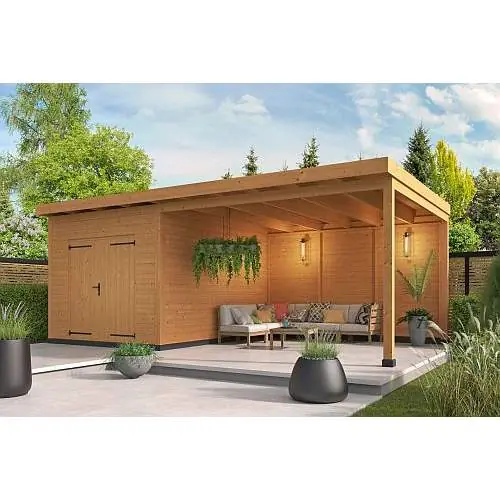 Gereduceerde Prijs Douglas DHZ plat dak Hellendoorn 700 x 400 cm horizontale wanden douglas