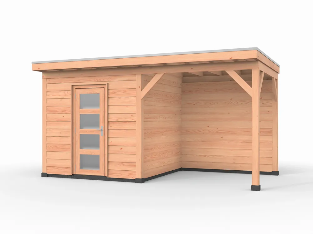 Betaalbaar Douglas overkapping, 500 x 250, met schuur en achterwand, Westwood Comfort