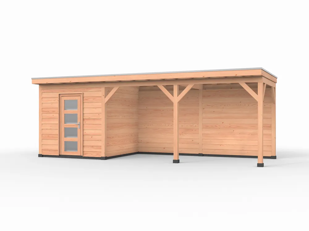 Douglas overkapping, 750 x 250, met schuur en achterwand, Westwood Comfort Hoge Kwaliteit