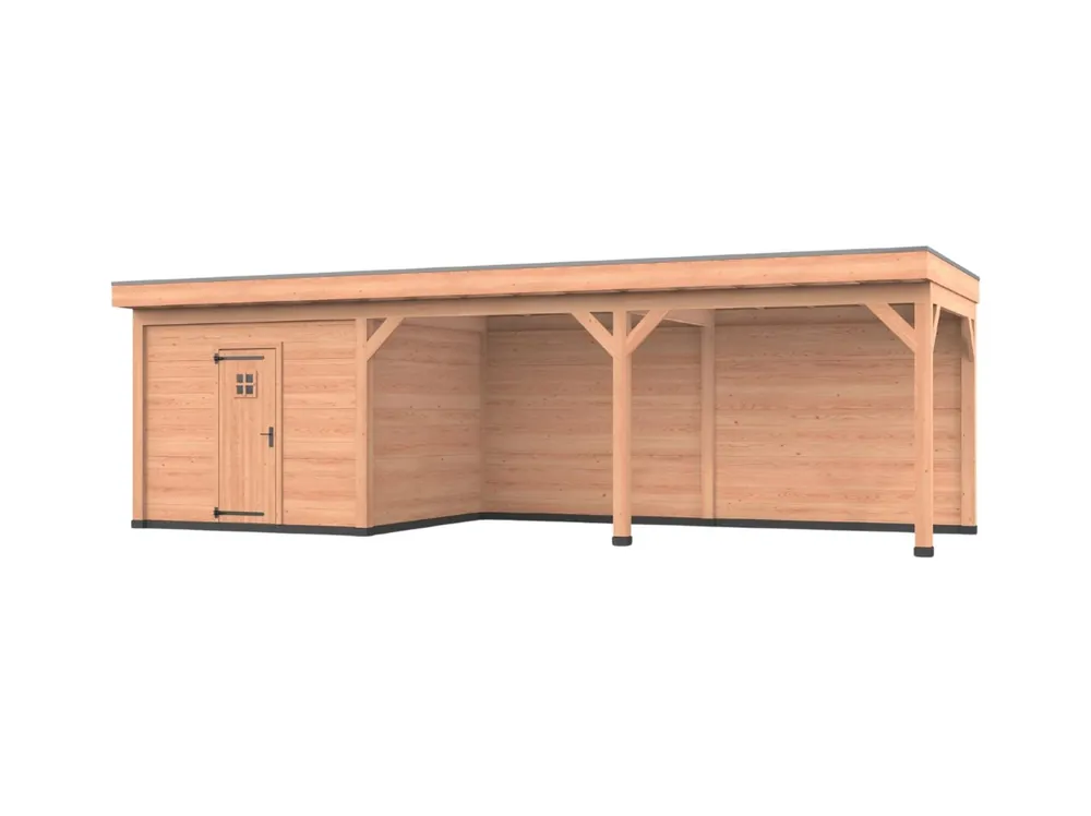 Douglas overkapping, 900 x 300, met schuur en achterwand, Westwood Comfort Green Gecertificeerd