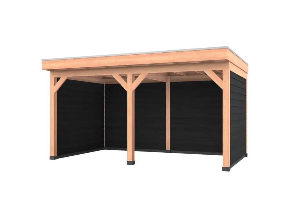 Superprijs Douglas overkapping, 500 x 300, met zwarte achterwand en twee zijwanden, Westwood Comfort Green