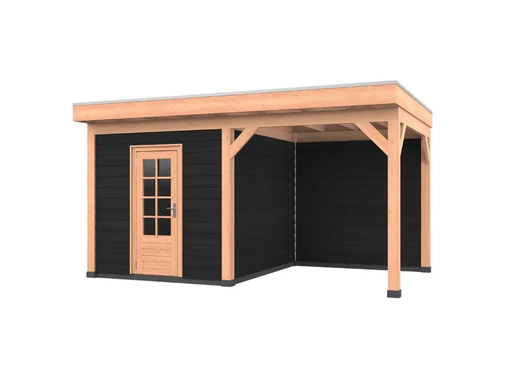 Douglas overkapping, 500 x 300, met zwarte schuur en achterwand, Westwood Comfort Green Direct Beschikbaar