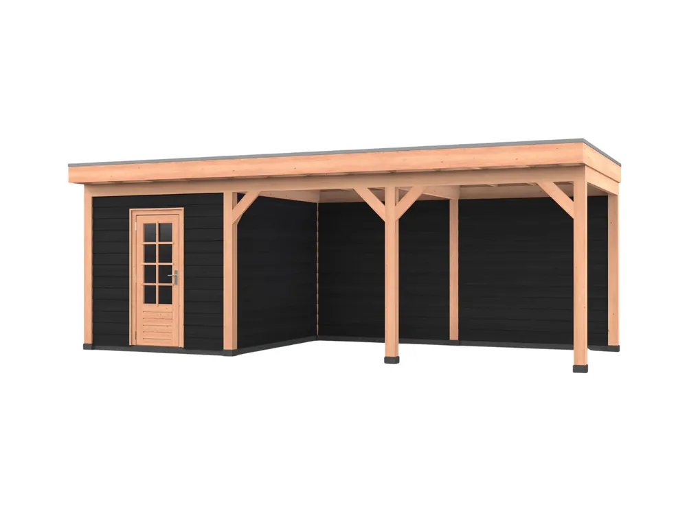 Shop Nu Douglas overkapping, 750 x 300, met zwarte schuur en achterwand, Westwood Comfort Green