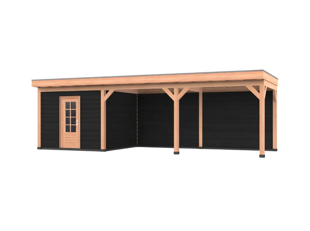 Bestseller Douglas overkapping, 900 x 300, met zwarte schuur en achterwand, Westwood Comfort Green