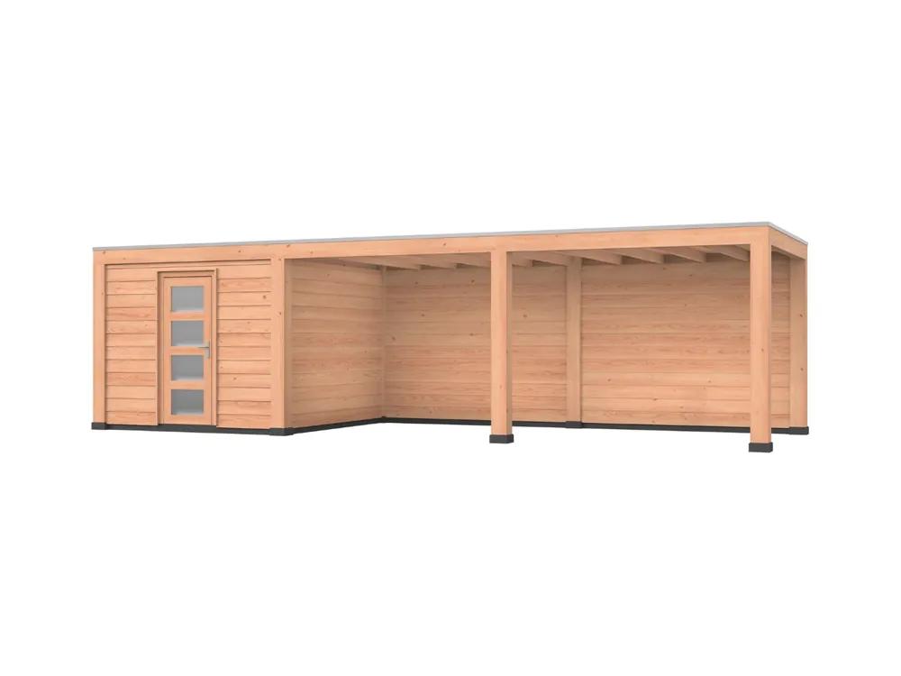 Douglas overkapping, 900 x 300, met schuur en achterwand, Westwood Modern Nieuw