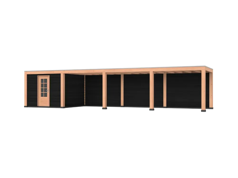 Douglas overkapping, 1200 x 300, met zwarte schuur en achterwand, Westwood Modern Premium