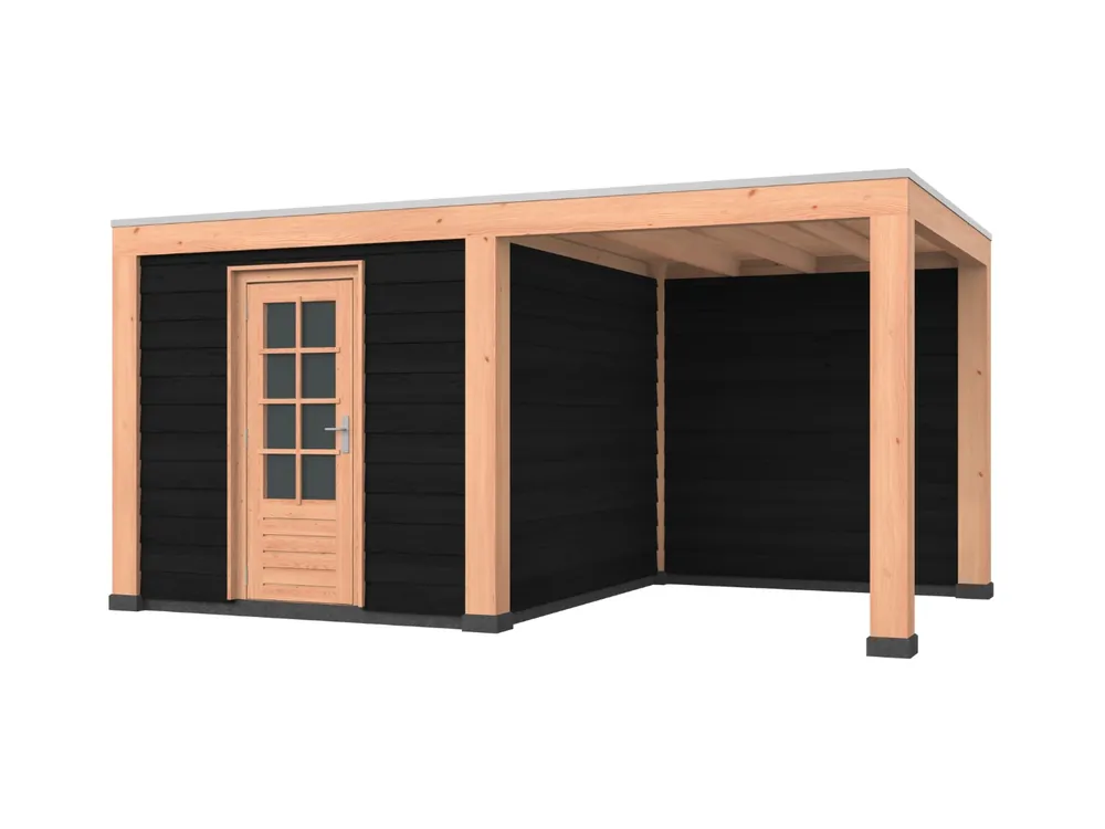 Direct Beschikbaar Douglas overkapping, 500 x 300, met zwarte schuur en achterwand, Westwood Modern