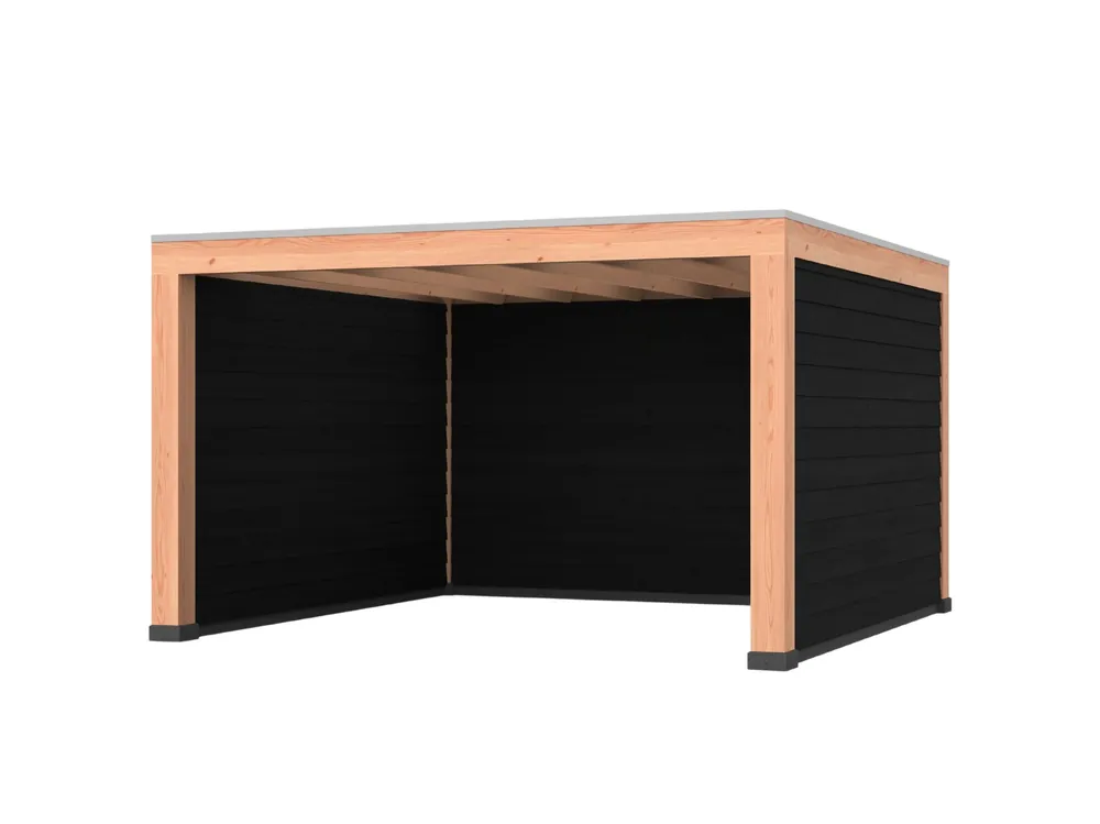 Douglas overkapping, 400 x 400, met zwarte achterwand en twee zijwanden, Westwood Modern Op = Op