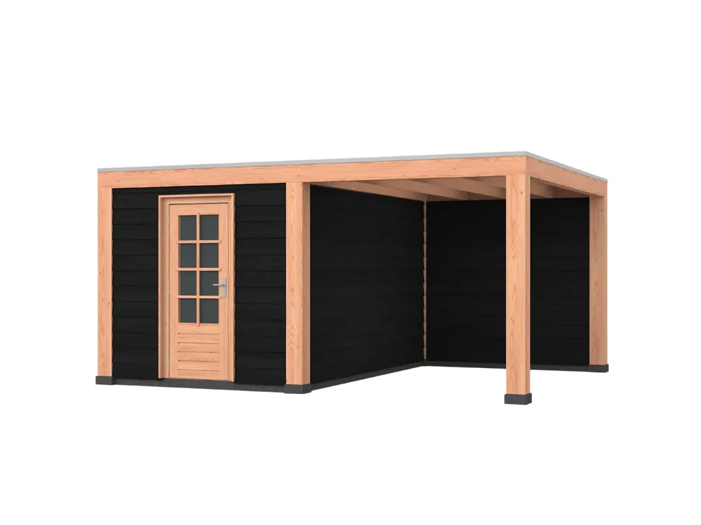 Douglas overkapping, 500 x 400, met zwarte schuur en achterwand, Westwood Modern Speciale Aanbieding