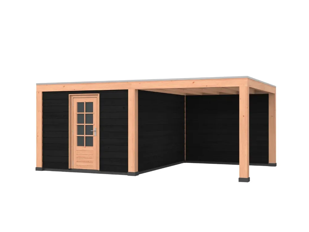 Hoge Kwaliteit Douglas overkapping, 600 x 400, met zwarte schuur en achterwand, Westwood Modern