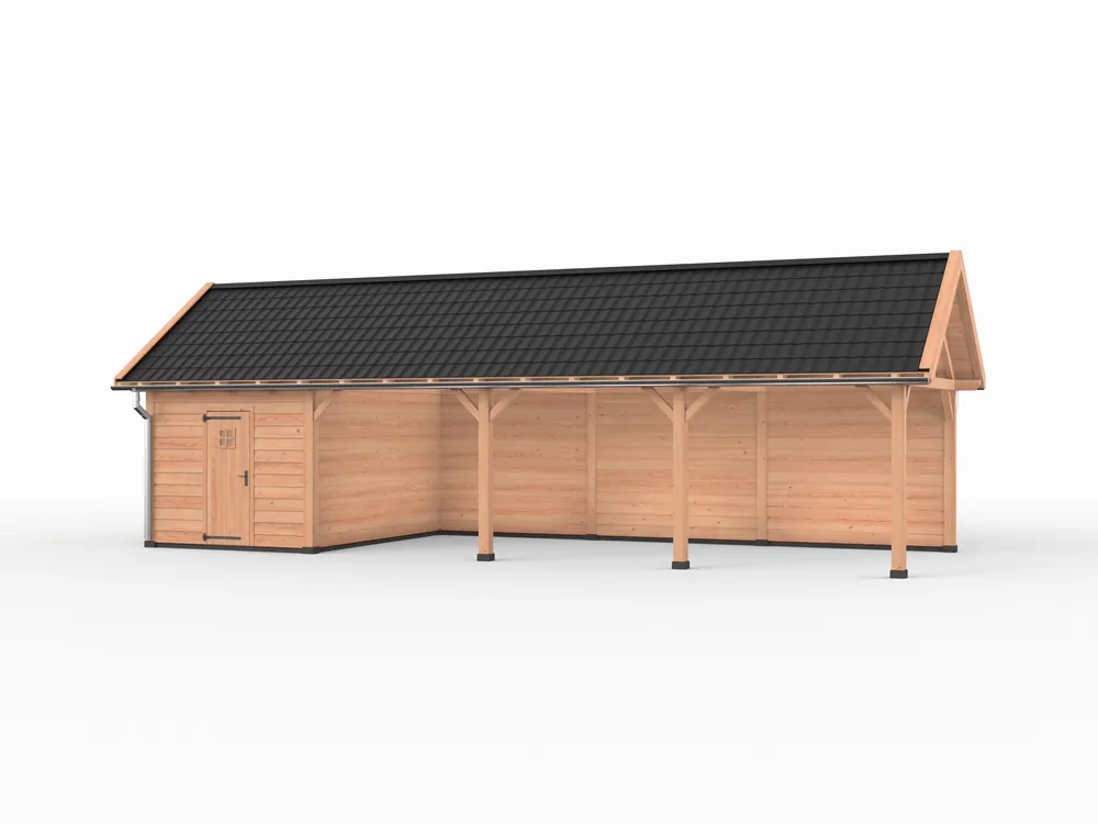Op = Op Douglas overkapping zadeldak, 1200 x 400, met schuur en achterwand, Westwood Vrijbuiter