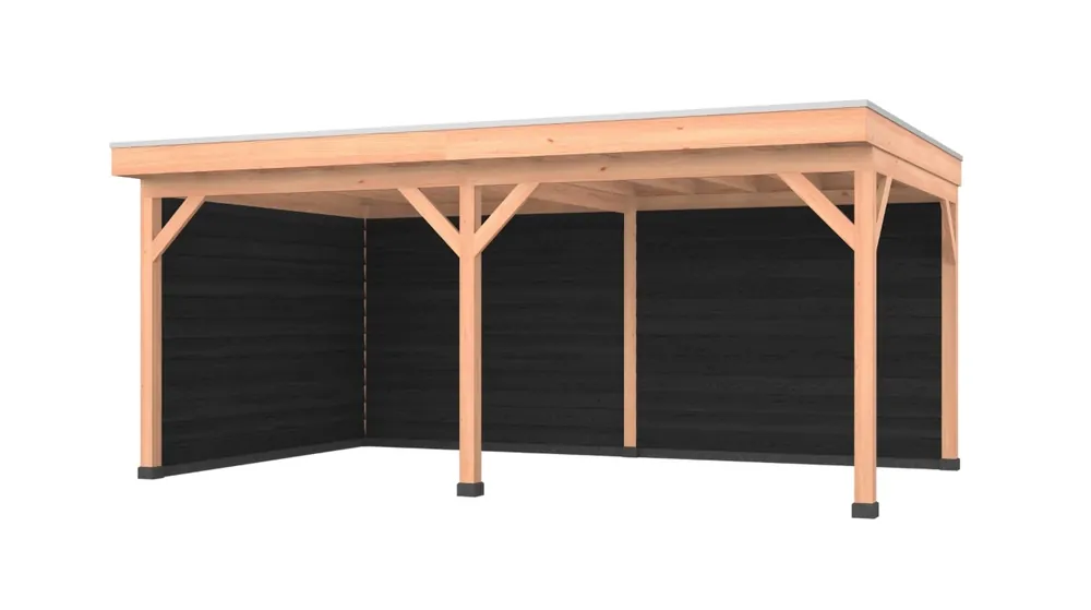 Laatste Versie Douglas overkapping, 600 x 350, met zwarte achterwand en zijwand, Westwood Comfort