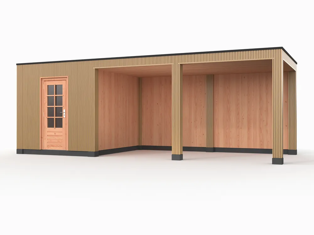 Beperkte Voorraad Douglas overkapping, 750 x 300, met schuur en achterwand, Westwood Rhombus Red Cedar