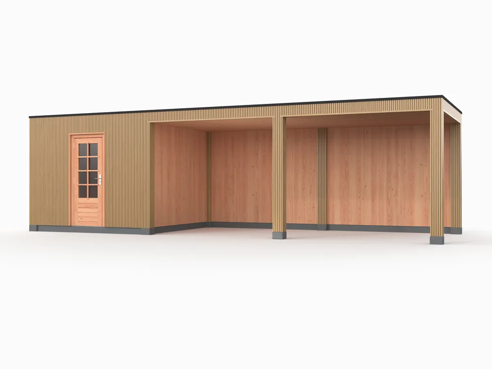 Betaalbaar Douglas overkapping, 900 x 300, met schuur en achterwand, Westwood Rhombus Red Cedar