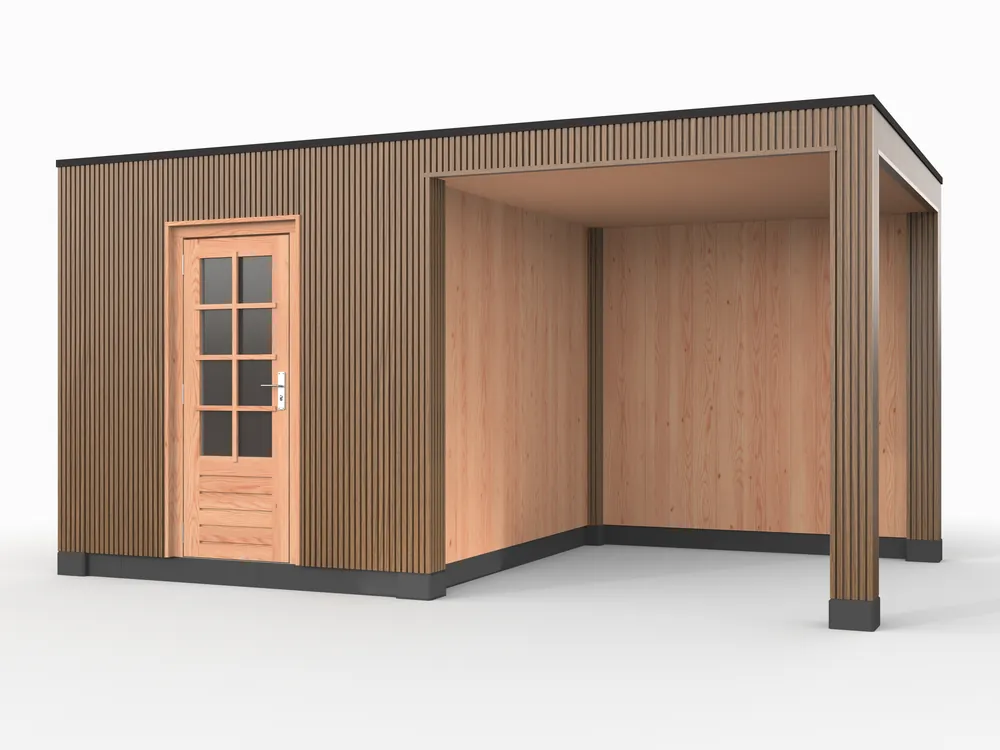 Douglas overkapping, 500 x 300, met schuur en achterwand, Westwood Rhombus Teak Hoge Kwaliteit