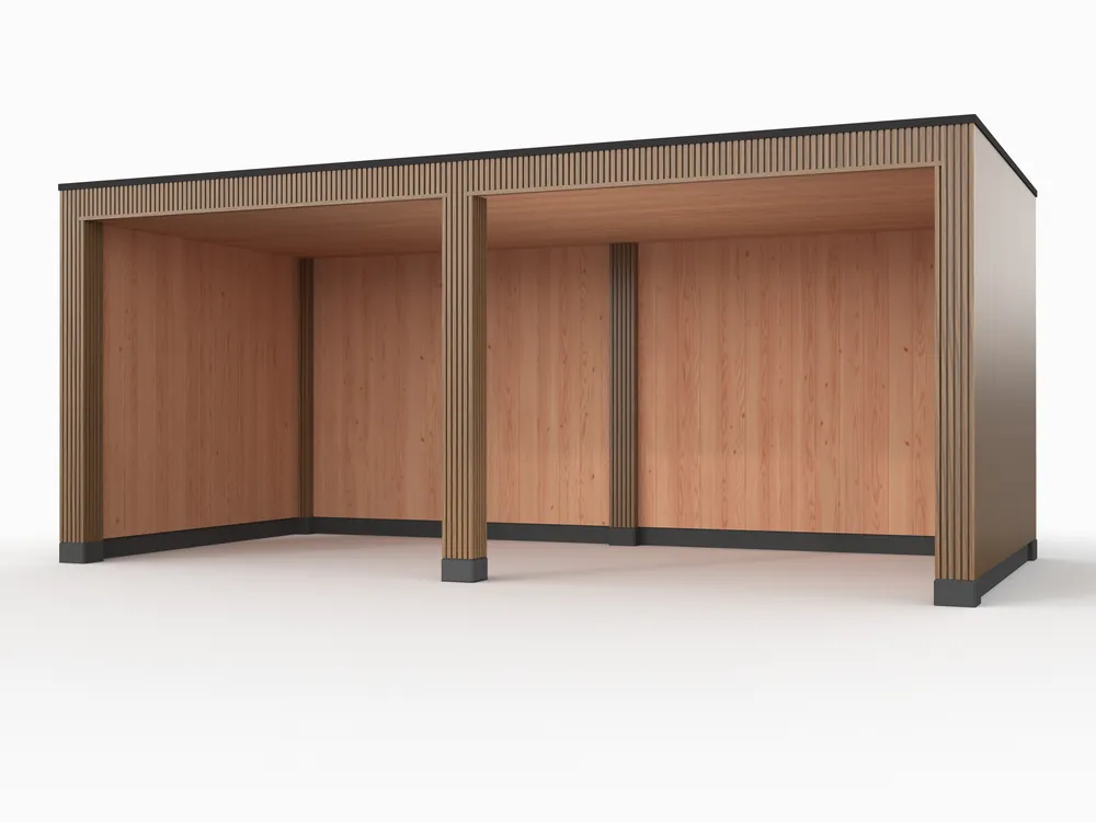 Laatste Versie Douglas overkapping, 600 x 300, met achterwand en twee zijwanden, Westwood Rhombus Teak