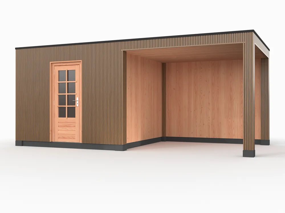 Speciale Aanbieding Douglas overkapping, 600 x 300, met schuur en achterwand, Westwood Rhombus Teak