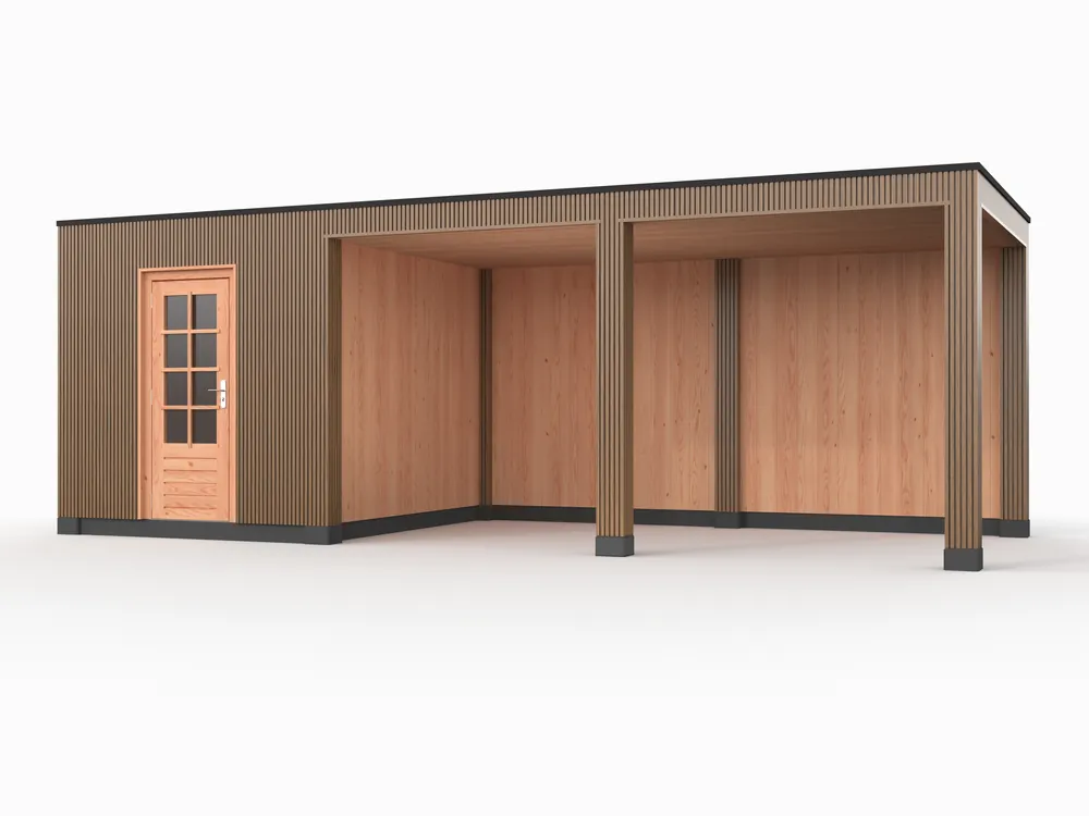 Laatste Versie Douglas overkapping, 750 x 300, met schuur en achterwand, Westwood Rhombus Teak