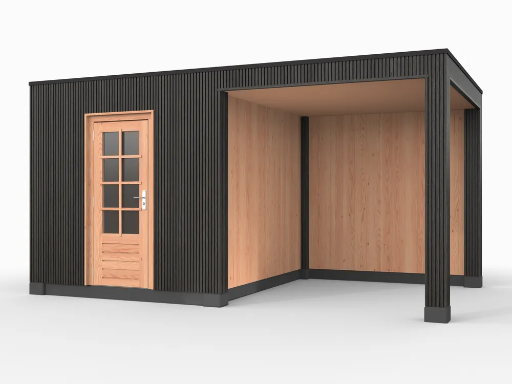 Douglas overkapping, 500 x 300, met schuur en achterwand, Westwood Rhombus Zwart Premium