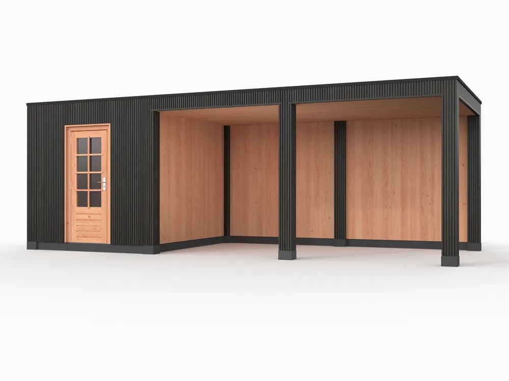 Merkproduct Douglas overkapping, 750 x 300, met schuur en achterwand, Westwood Rhombus Zwart