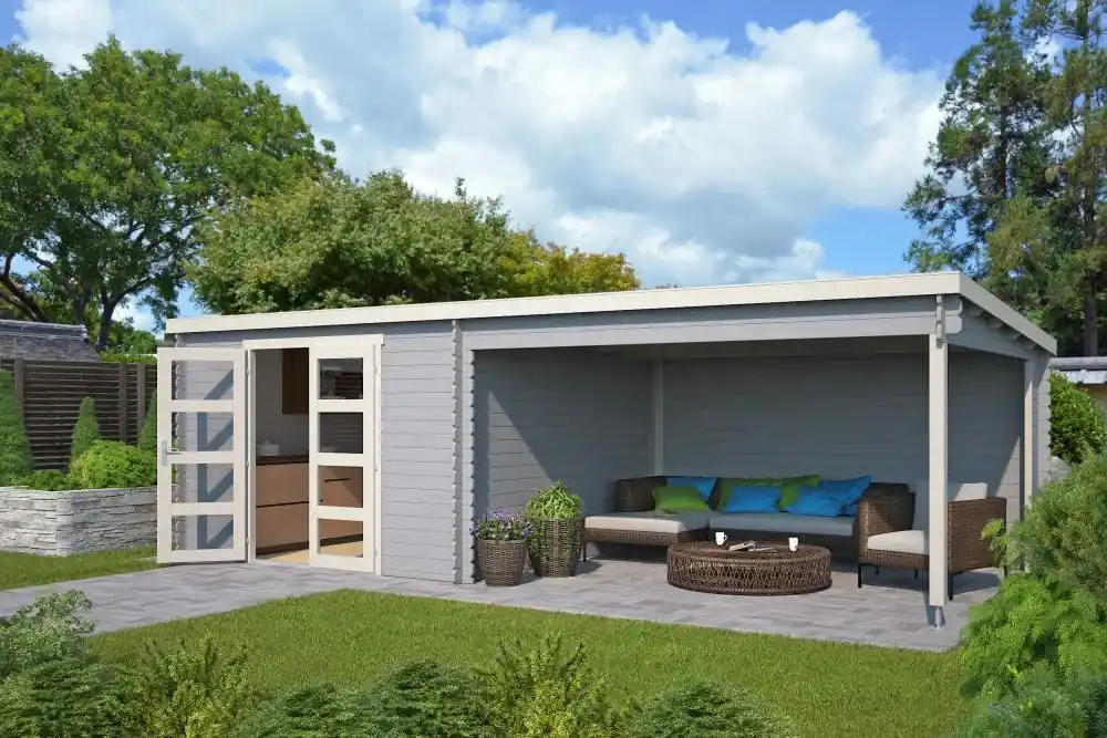 Outdoor Life Blokhut Olenka Platinum Grey-Wit 710 x 330 cm Fabrieksprijs