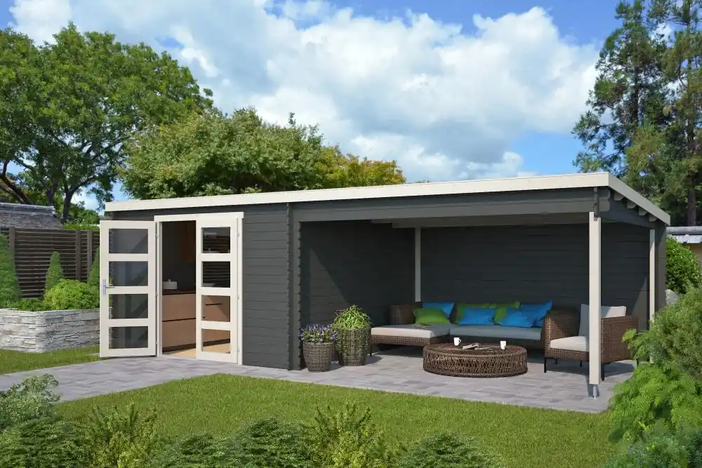 Lage Prijs Outdoor Life Blokhut Olenka Carbon Grey-Wit 710 x 330 cm