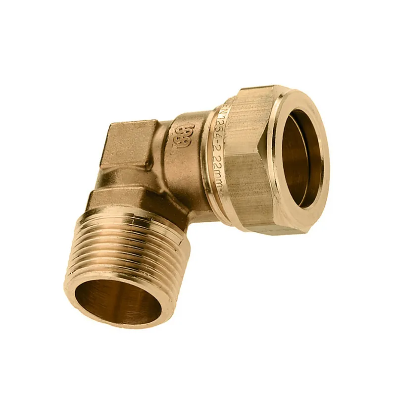 Messing draadknie 90 graden buitendraad x knel, 1" x 22 mm Seizoensaanbieding