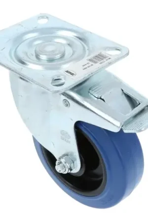Zwenkwiel met rem en bevestigingsplaat verzinkt met blauwe nylon wiel Ø100x32mm Superprijs