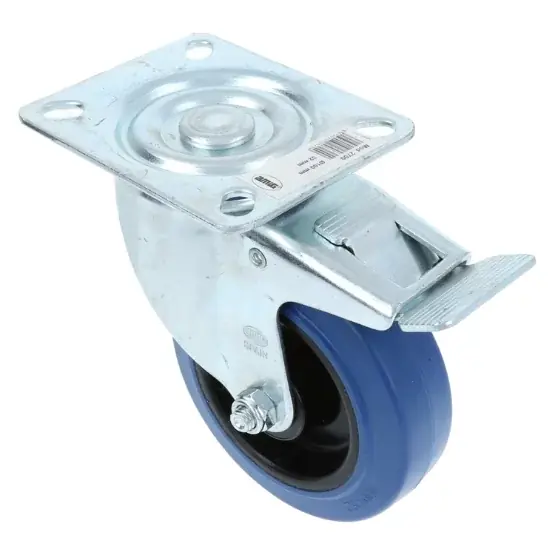 Zwenkwiel met rem en bevestigingsplaat verzinkt met blauwe nylon wiel Ø100x32mm Superprijs