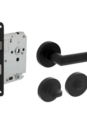 Beperkte Voorraad Intersteel deurbeslag set WC-slot 63/8 mm zwart + deurklink Bastian en wc-sluiting zwart