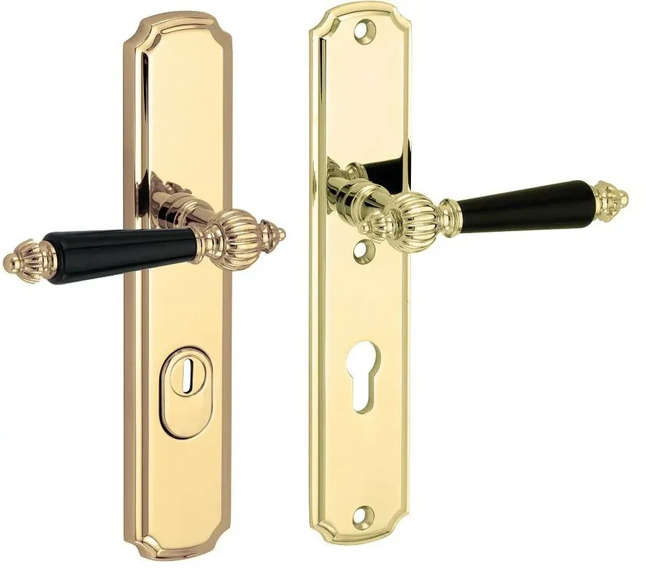 Flitsaanbieding SKG3 PC72 kruk/kruk op schild Nouveau ebben rechts + kerntrekbeveiliging messing gelakt/messing PVD
