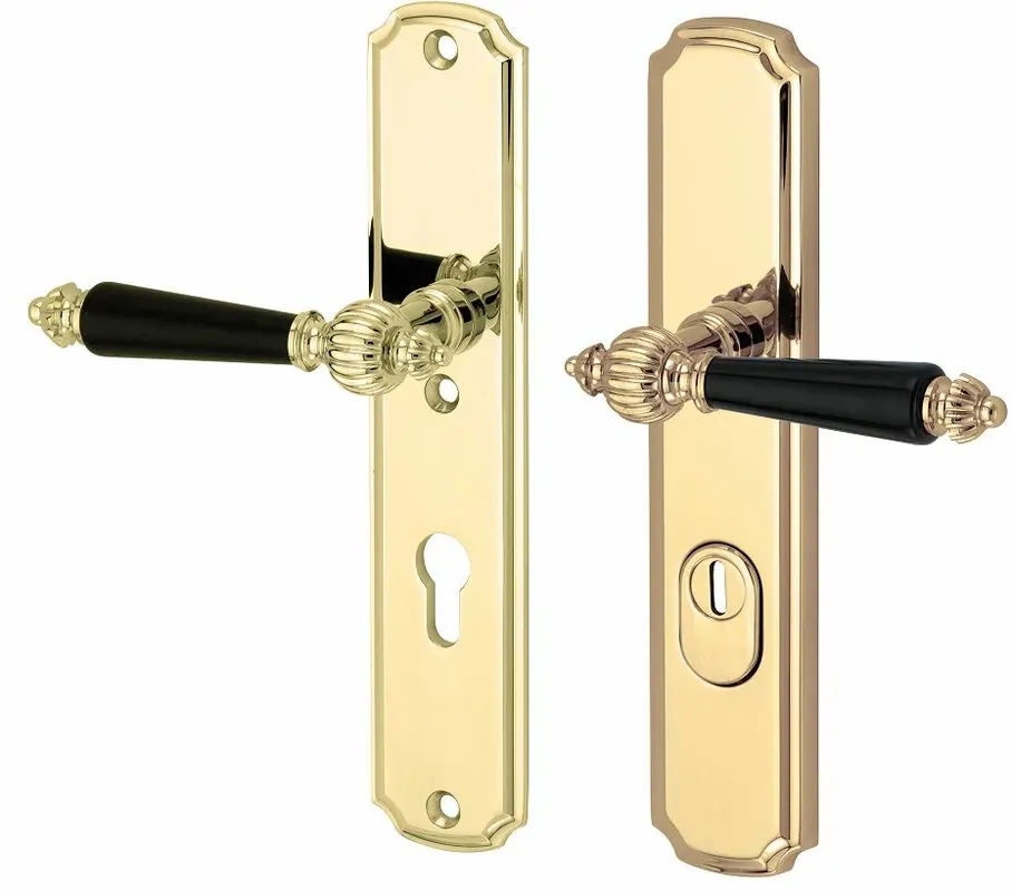 SKG3 PC72 kruk/kruk op schild Nouveau ebben links + kerntrekbeveiliging messing gelakt/messing PVD Weekendaanbieding